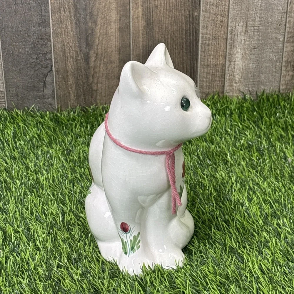 Vintage ELPA Ceramic Cat Figurine Glass Eyes Floral Cottagecore Decor‎